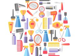 Beauty store background with make up artist and hairdressing objects.